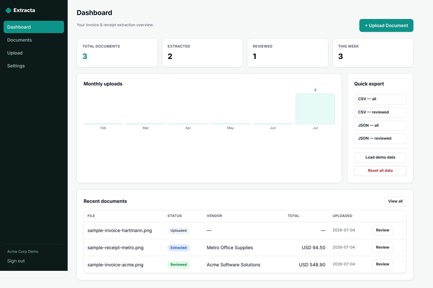 Extracta — Self-Hosted AI Invoice & Receipt Data Extractor (BYO Key) — main screen